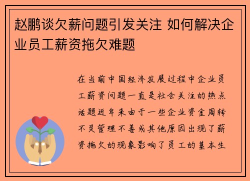 赵鹏谈欠薪问题引发关注 如何解决企业员工薪资拖欠难题