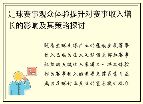 足球赛事观众体验提升对赛事收入增长的影响及其策略探讨